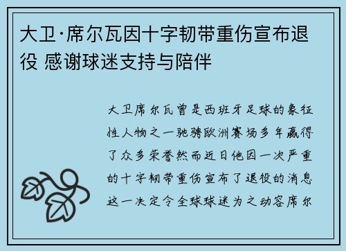 大卫·席尔瓦因十字韧带重伤宣布退役 感谢球迷支持与陪伴