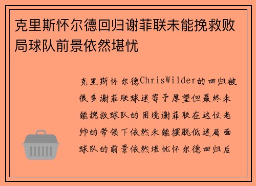 克里斯怀尔德回归谢菲联未能挽救败局球队前景依然堪忧 克里斯怀尔德回归谢菲联未能挽救败局球队前景依然堪忧