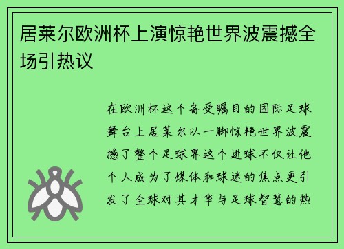 居莱尔欧洲杯上演惊艳世界波震撼全场引热议
