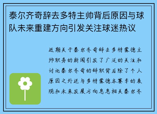泰尔齐奇辞去多特主帅背后原因与球队未来重建方向引发关注球迷热议